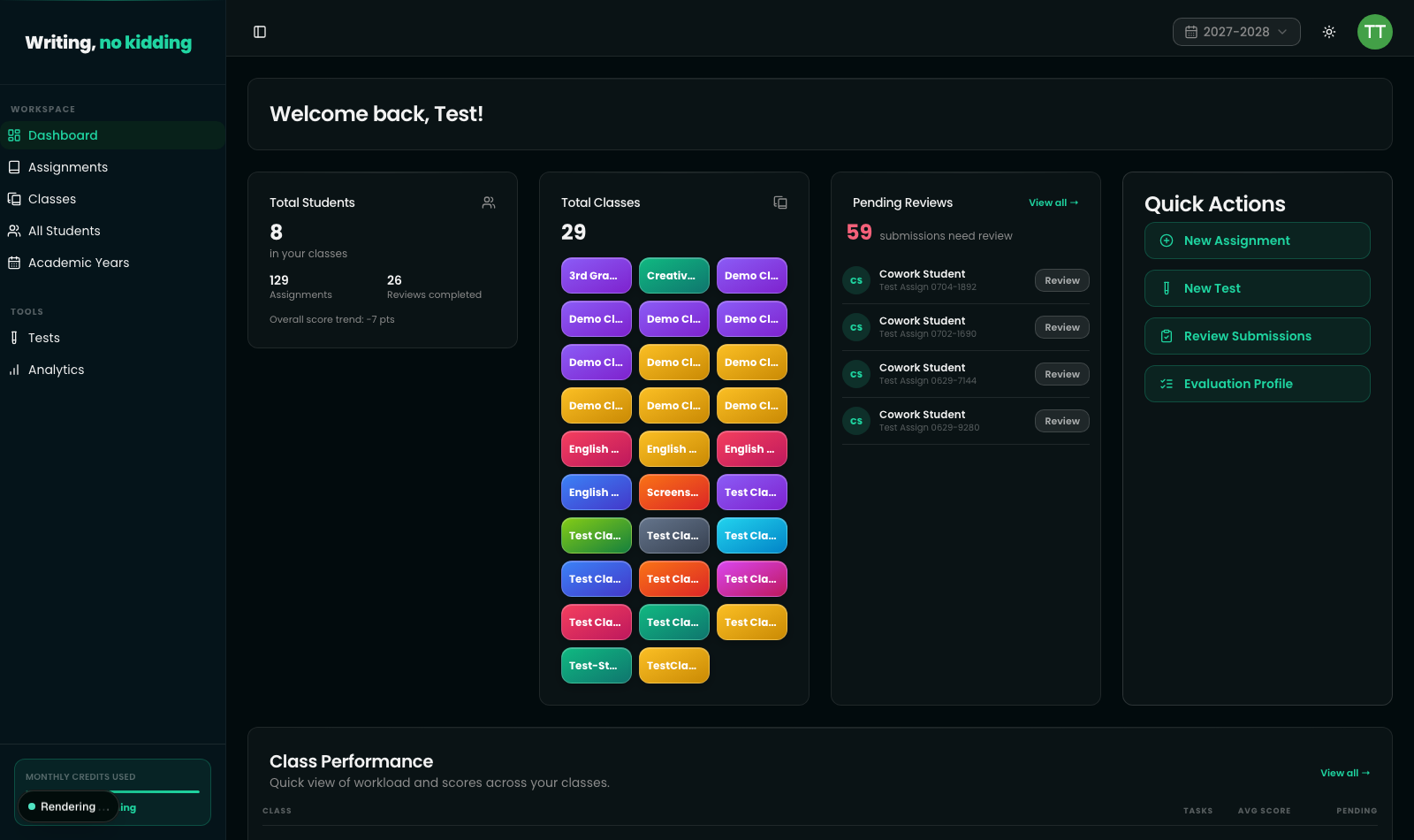 Teacher dashboard showing a "Welcome back, Test!" header, quick-action badges for First Review, Lesson Launcher, and Classroom Captain, stat cards for Total Students, Total Classes, and Pending Reviews, and a Quick Actions panel with New Assignment, New Test, Review Submissions, and Evaluation Profile buttons