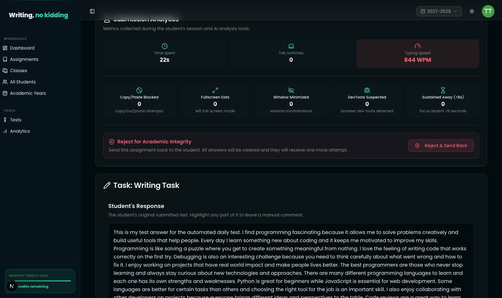 Submission review screen showing a student writing submission with sections for AI-generated corrections and feedback below the assignment header