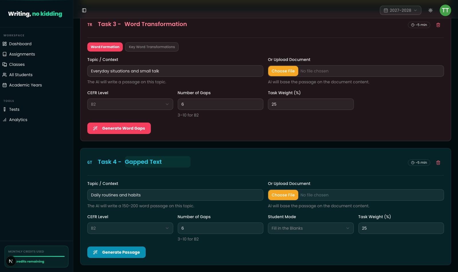Reading Comprehension and Gapped Text task editor in the Writing, no kidding assignment builder, showing topic, CEFR level, number of gaps, and Generate Passage controls