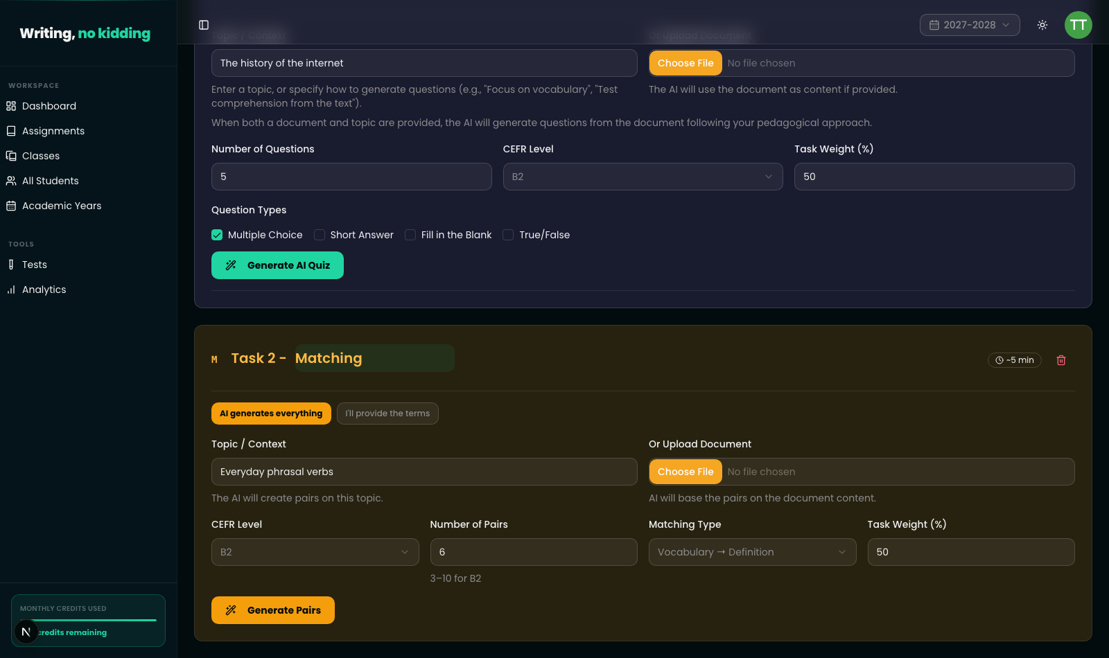 Matching task section in the assignment builder with an "AI generates everything" and "I'll provide the terms" toggle, a Topic/Context field with "Everyday phrasal verbs", CEFR Level dropdown, Number of Pairs field showing 6 with a note "3–6 for B2", a Matching Type dropdown set to "Vocabulary → Definition", Task Weight percentage field, and a Generate Pairs button