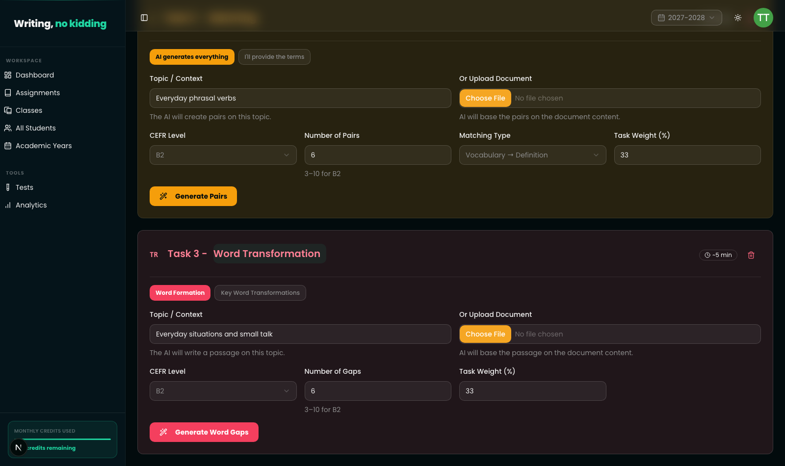 Word Transformation task in the assignment builder, with a Word Formation / Key Word Transformations toggle, a Topic or Context field ("Everyday situations and small talk"), an Or Upload Document option, CEFR Level and Number of Gaps fields, and a Generate Word Gaps button