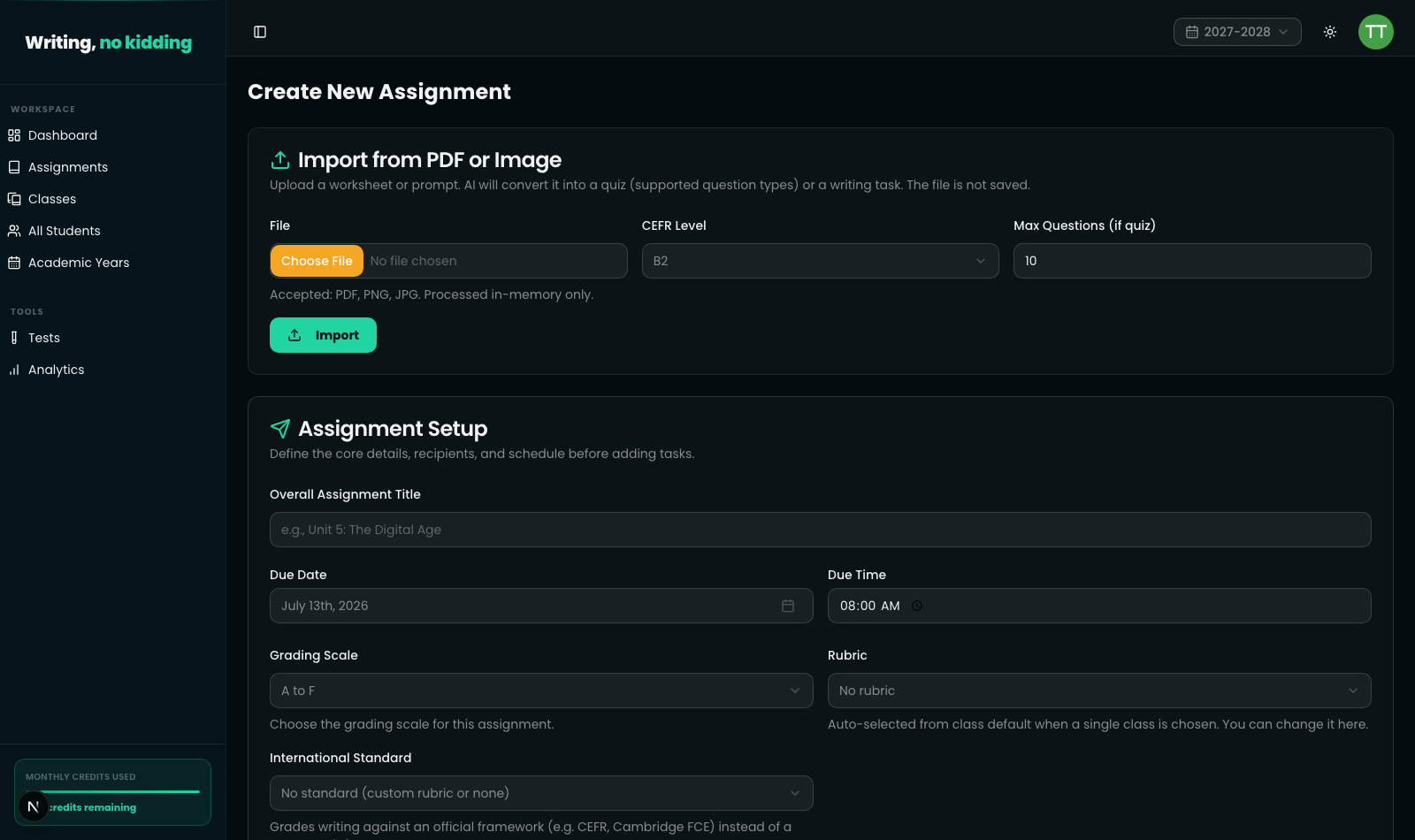 Create New Assignment page showing the Assignment Setup card with Overall Assignment Title, Due Date, Due Time, Grading Scale set to A to F, Rubric dropdown showing "No rubric," International Standard picker, a scrollable Assign to Classes checklist, Assign to Individual Students search box, and Shuffle order / Autopilot correction / Allow late submissions toggles