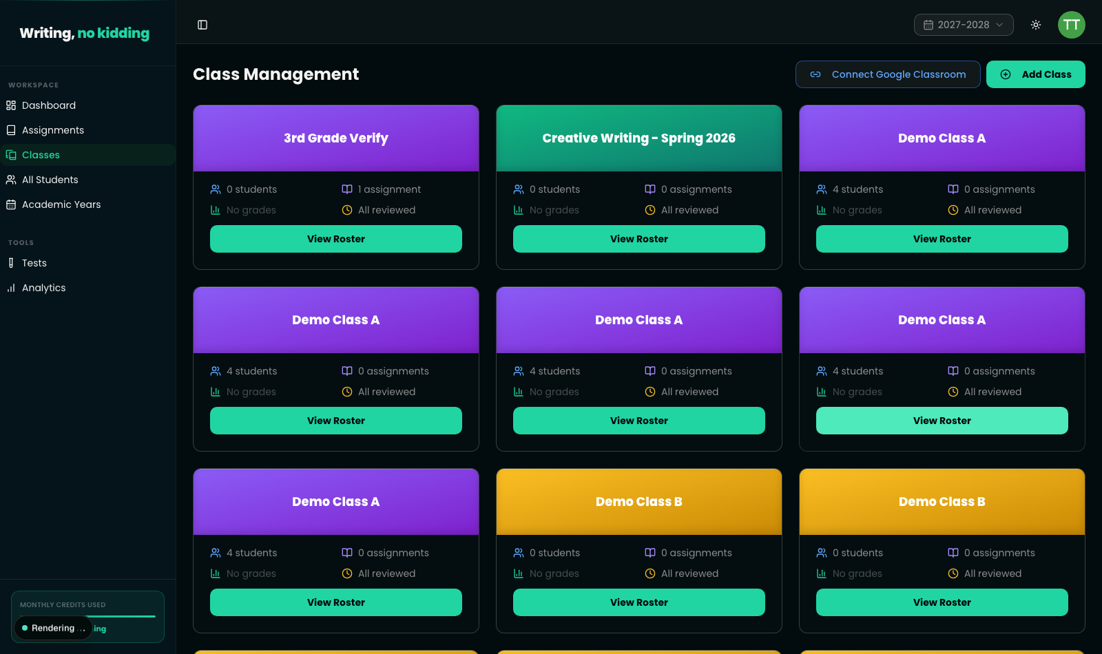 Class Management page in Writing, no kidding, showing class cards with student and assignment counts, a View Roster button, and Connect Google Classroom and Add Class buttons