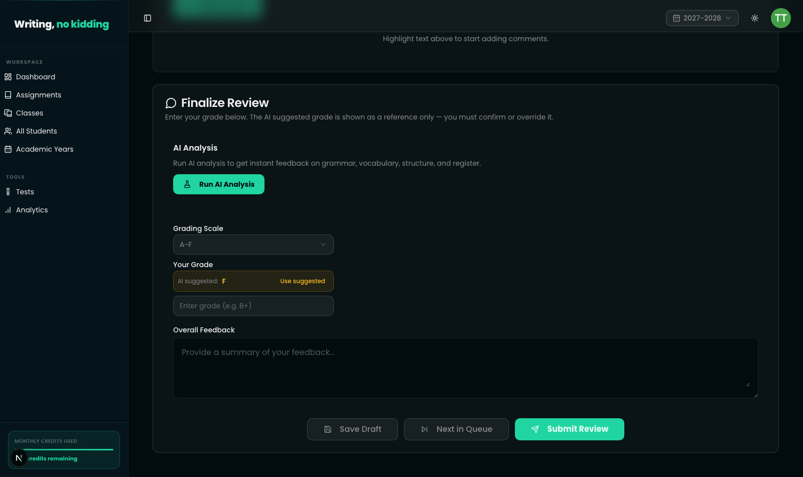 Submission review screen's Finalize Review panel, showing the AI suggested grade with a "Use suggested" button, an editable grade field, and Save Draft / Next in Queue / Submit Review buttons