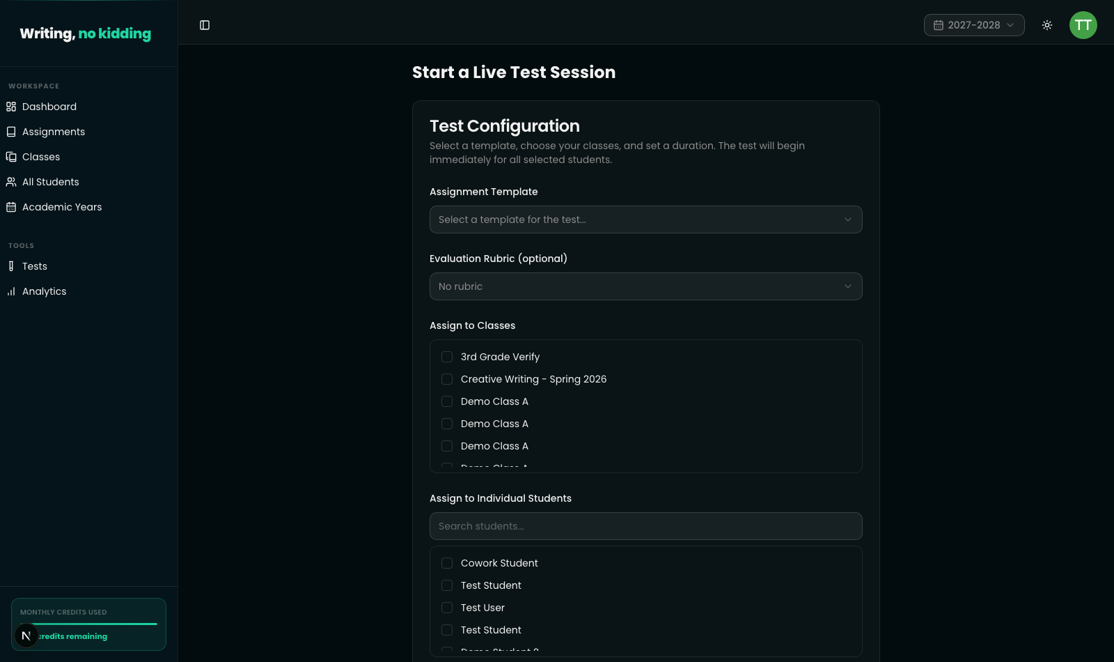 Start a Live Test Session form, showing fields to select an Assignment Template, an optional Evaluation Rubric, checklists to assign the test to classes or individual students, a Test Duration field, and a Start Test Session Now button