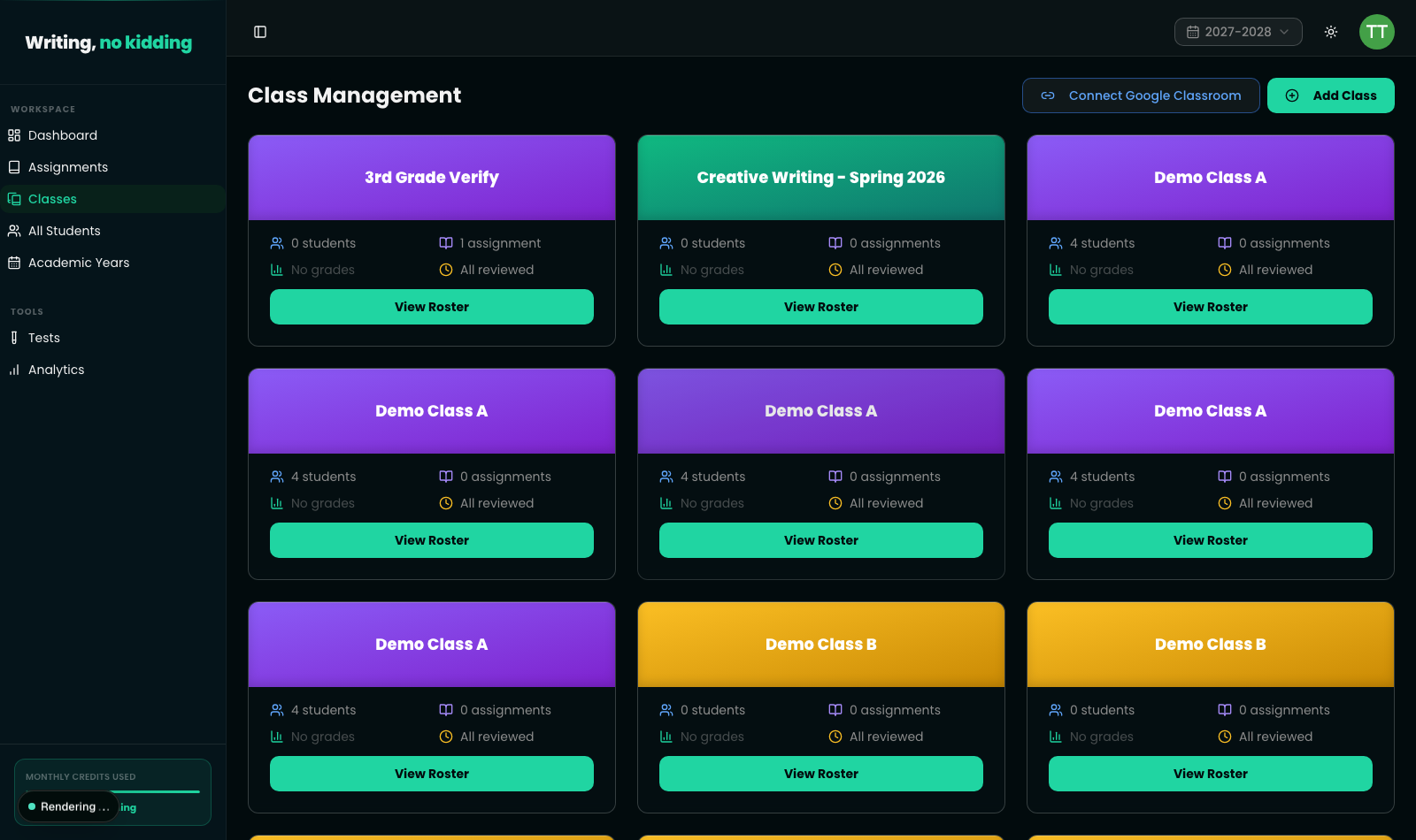 Class Management page showing a "Connect Google Classroom" button in the top-right corner next to Add Class, above a grid of class cards