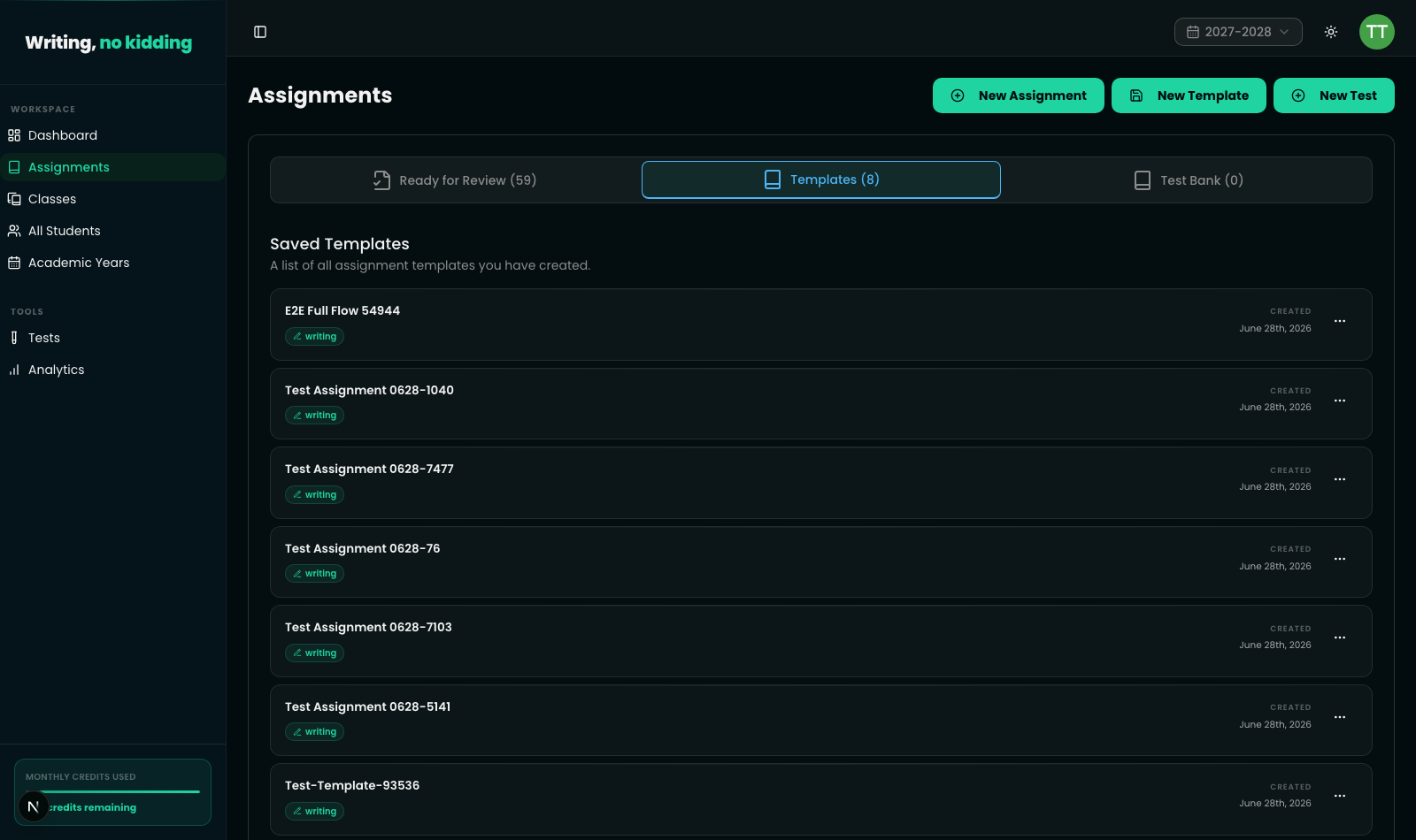 Assignments page Templates tab listing saved assignment templates, each row showing the template title, colored task-type badges (writing, quiz), a "Created" date, and row action controls