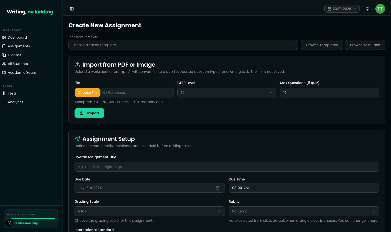 New assignment builder showing the Grading Scale picker set to "A to F", the Rubric picker showing "No rubric", and the International Standard picker showing "No standard (custom rubric or none)"